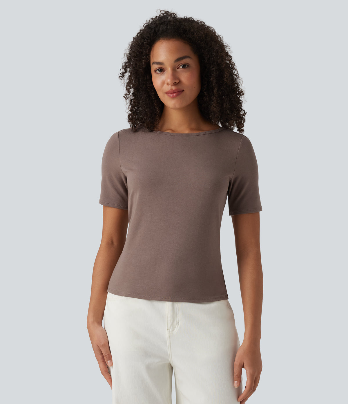Ribbed Knit Boat Neck Short Sleeve Casual T-Shirt — Brown Lentil — view 4