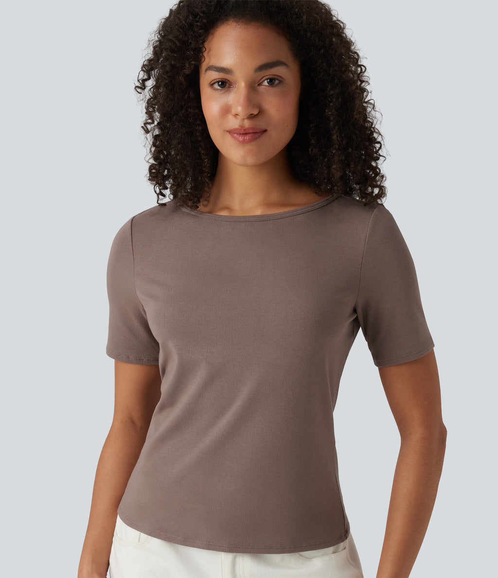 Ribbed Knit Boat Neck Short Sleeve Casual T-Shirt — Brown Lentil — view 1