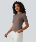 Ribbed Knit Boat Neck Short Sleeve Casual T-Shirt — Brown Lentil — view 3