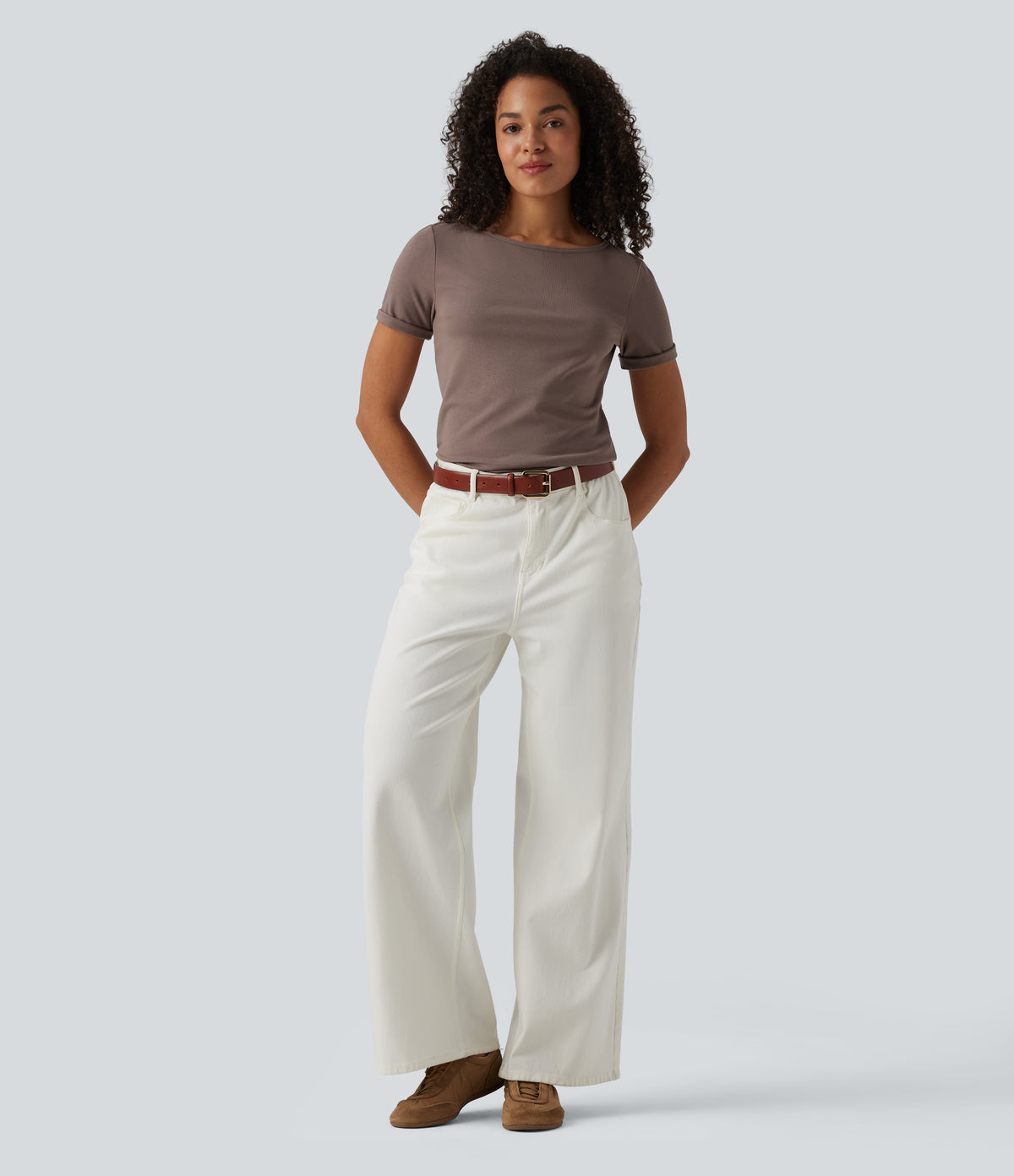 Ribbed Knit Boat Neck Short Sleeve Casual T-Shirt — Brown Lentil — view 5