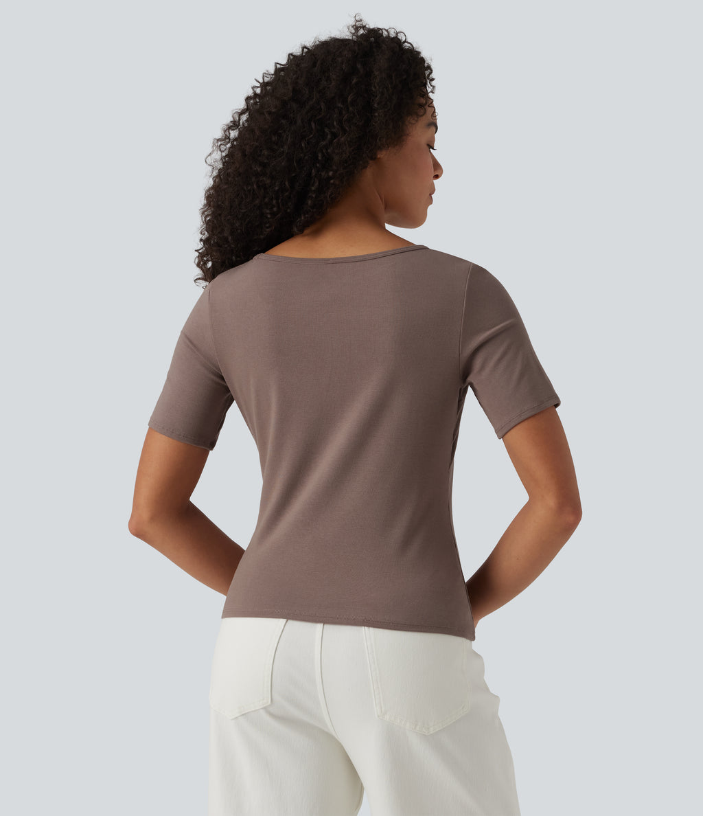 Ribbed Knit Boat Neck Short Sleeve Casual T-Shirt — Brown Lentil — view 2