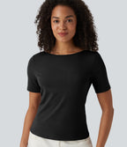 Ribbed Knit Boat Neck Short Sleeve Casual T-Shirt — Black — view 6