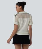 Half Zip Short Sleeve Cut Out Color Block Casual Jumper — Pillowtalk - Light Beige — view 2