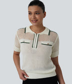 Half Zip Short Sleeve Cut Out Color Block Casual Jumper — Pillowtalk - Light Beige — view 4