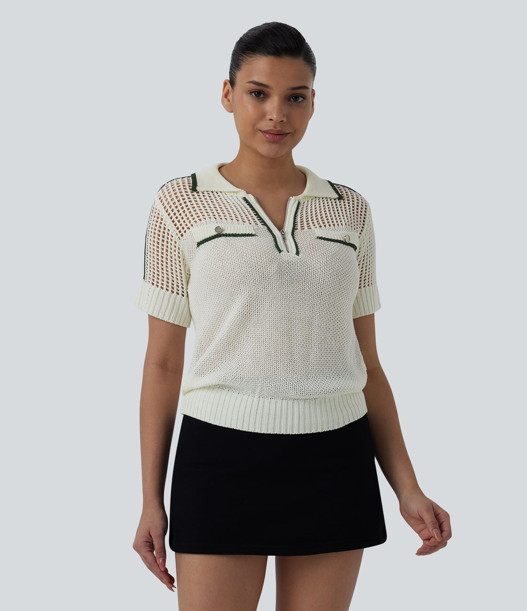 Half Zip Short Sleeve Cut Out Color Block Casual Jumper — Pillowtalk - Light Beige — view 3