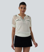 Half Zip Short Sleeve Cut Out Color Block Casual Jumper — Pillowtalk - Light Beige — view 3