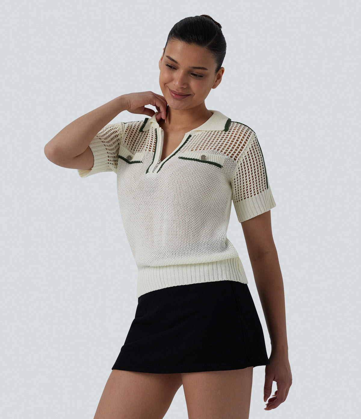 Half Zip Short Sleeve Cut Out Color Block Casual Jumper — Pillowtalk - Light Beige — view 1