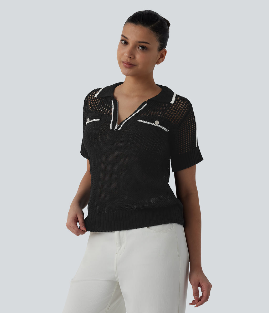 Half Zip Short Sleeve Cut Out Color Block Casual Jumper — Black — view 6