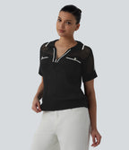 Half Zip Short Sleeve Cut Out Color Block Casual Jumper — Black — view 6