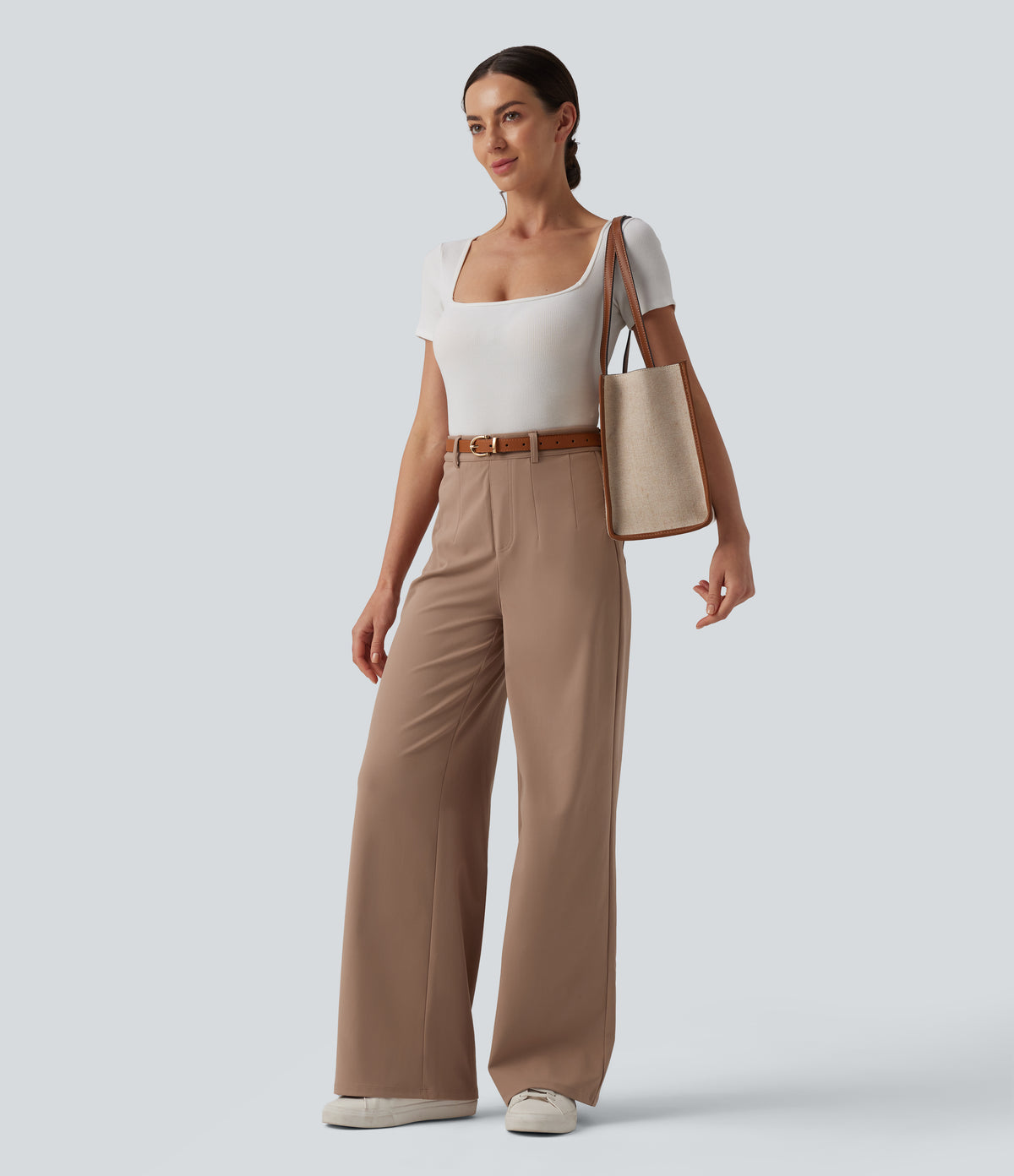 High Waisted Tummy Control Work Trousers with Pockets — Burro — view 6