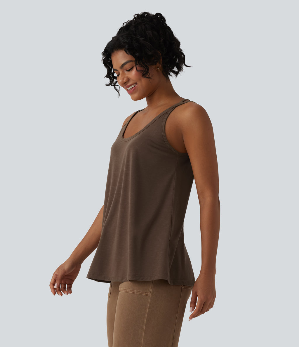 U Neck Relaxed Casual Tank Top — Coffee Bean — view 3