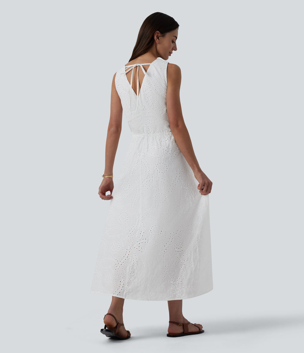 V Neck Sleeveless Tie Back Eyelet Flowy Midi Dress — White — view 2