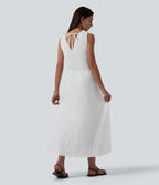 V Neck Sleeveless Tie Back Eyelet Flowy Midi Dress — White — view 2