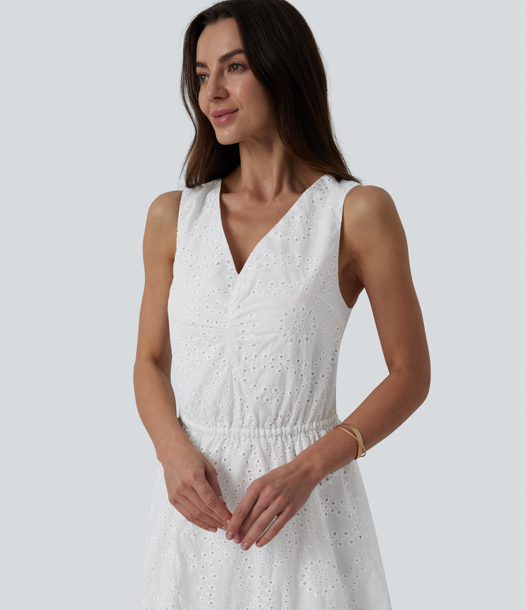 V Neck Sleeveless Tie Back Eyelet Flowy Midi Dress — White — view 5