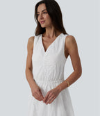 V Neck Sleeveless Tie Back Eyelet Flowy Midi Dress — White — view 5