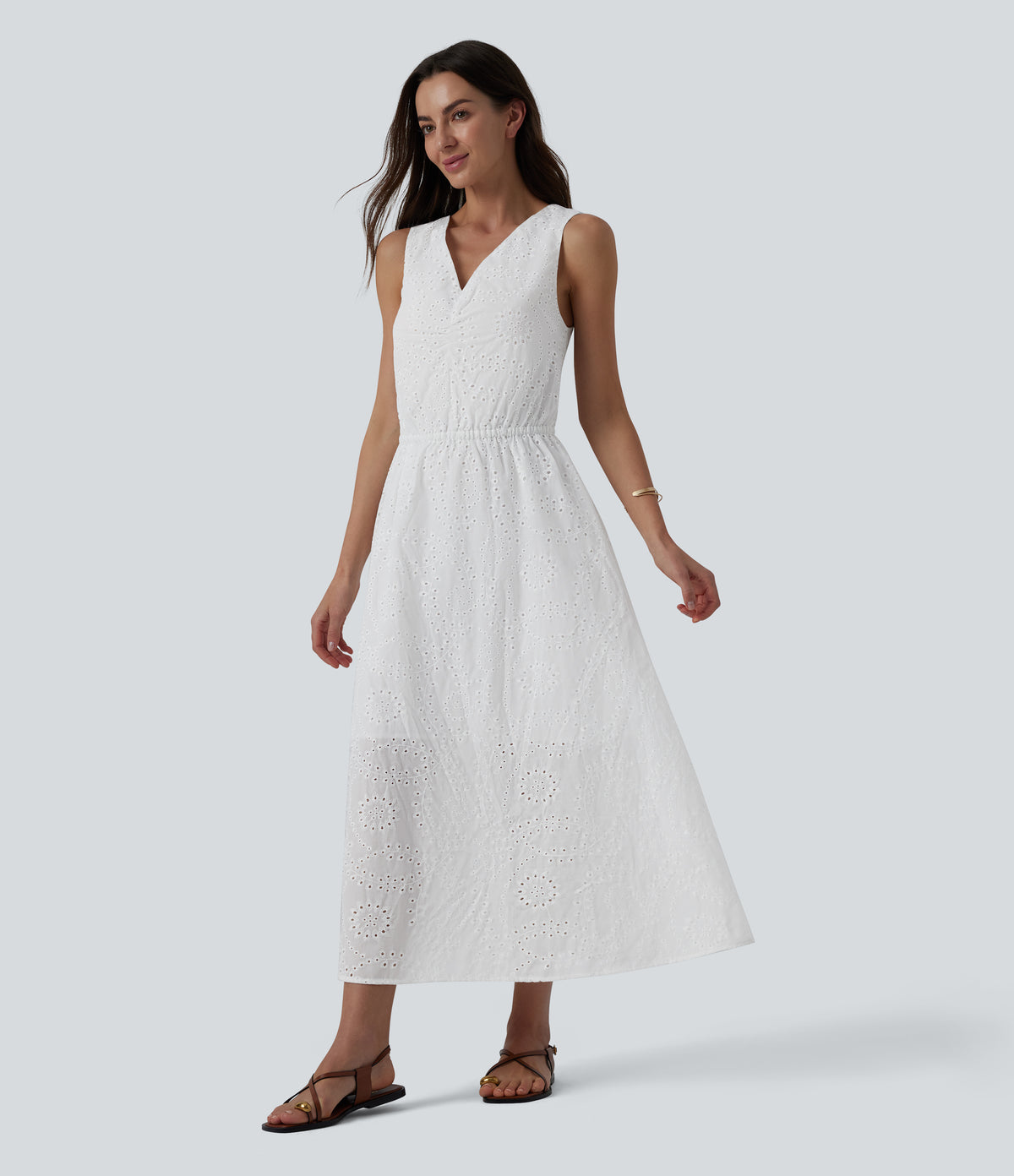 V Neck Sleeveless Tie Back Eyelet Flowy Midi Dress — White — view 3