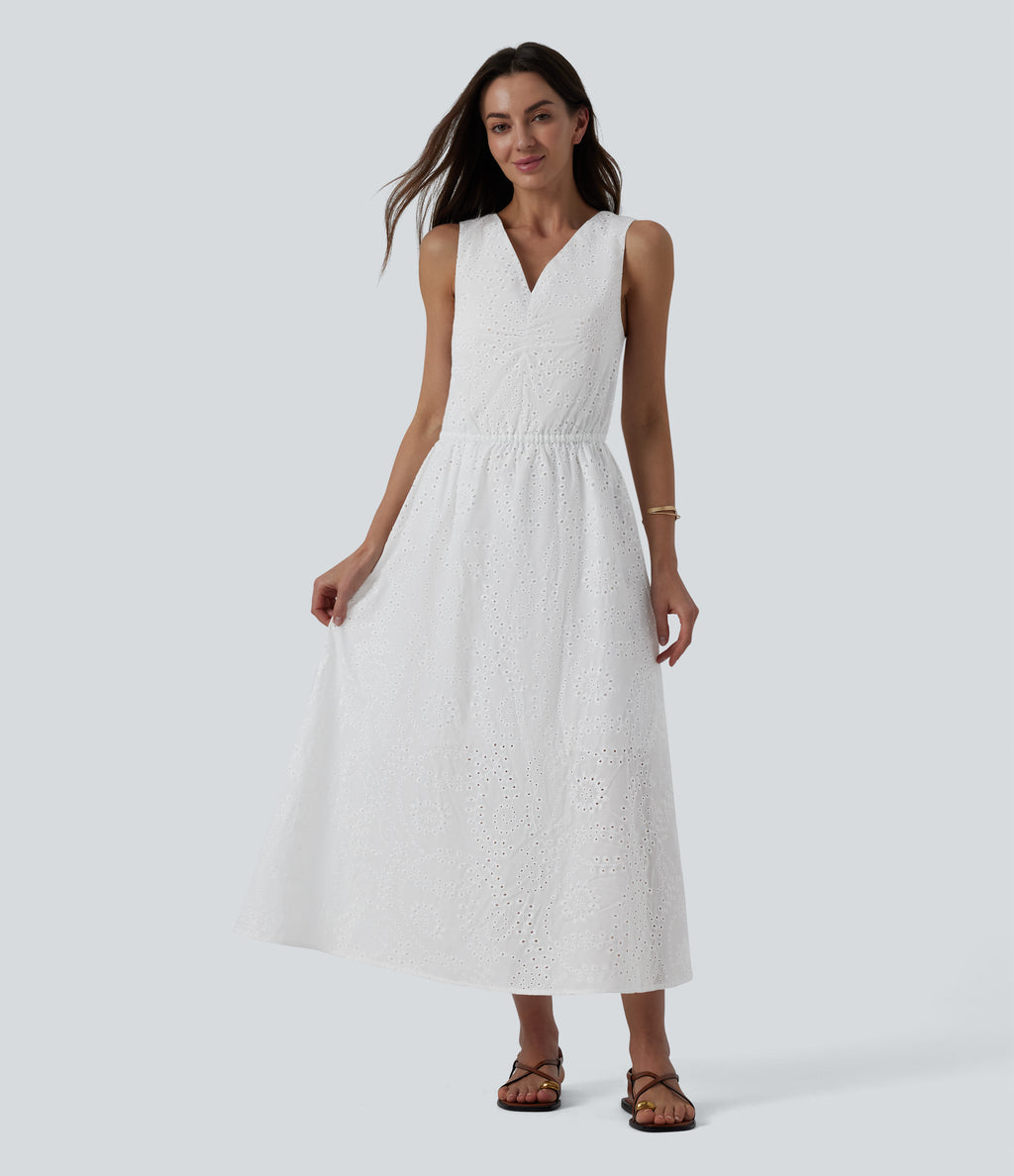 V Neck Sleeveless Tie Back Eyelet Flowy Midi Dress — White — view 1