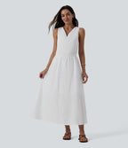 V Neck Sleeveless Tie Back Eyelet Flowy Midi Dress — White — view 1
