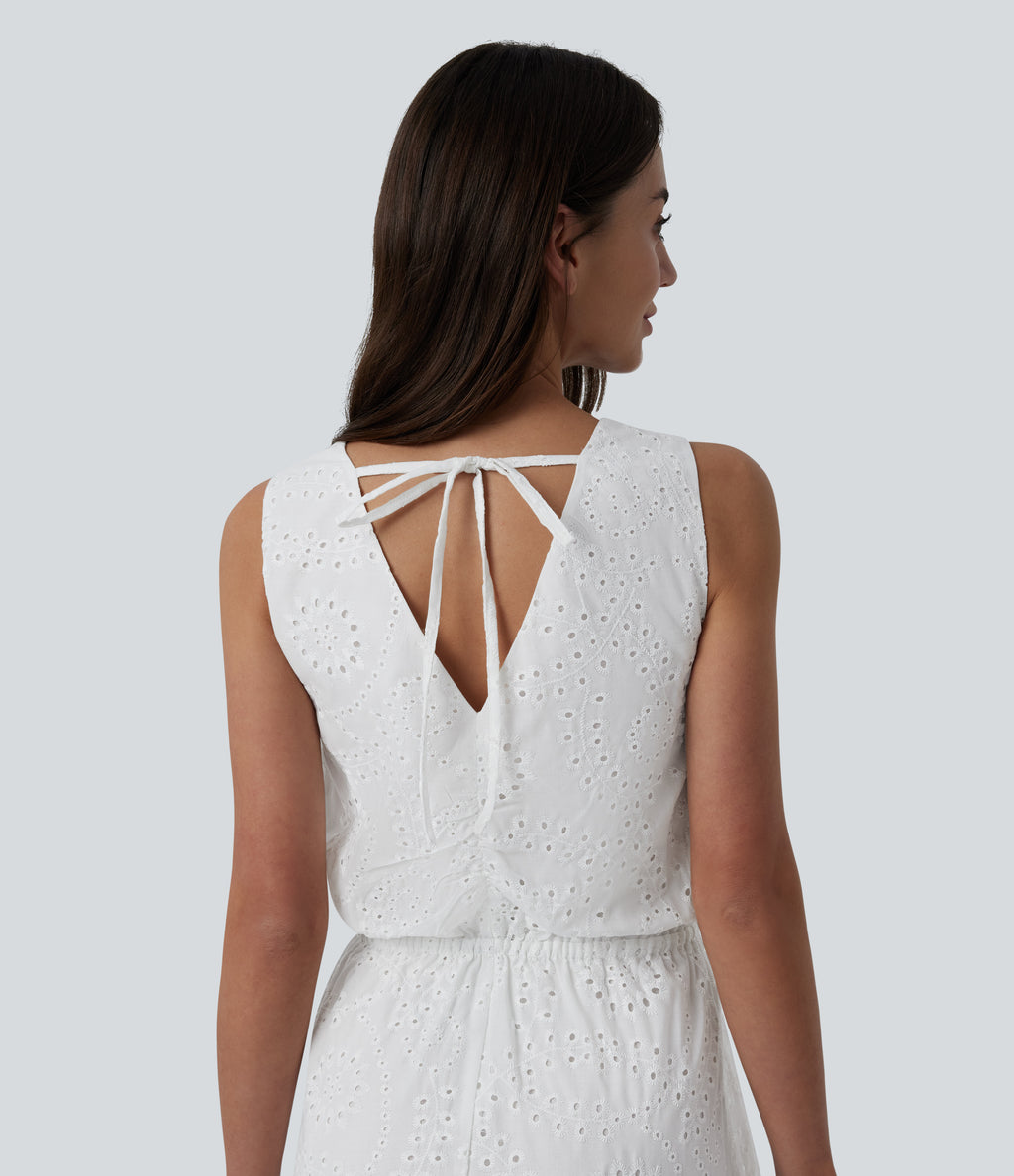 V Neck Sleeveless Tie Back Eyelet Flowy Midi Dress — White — view 4