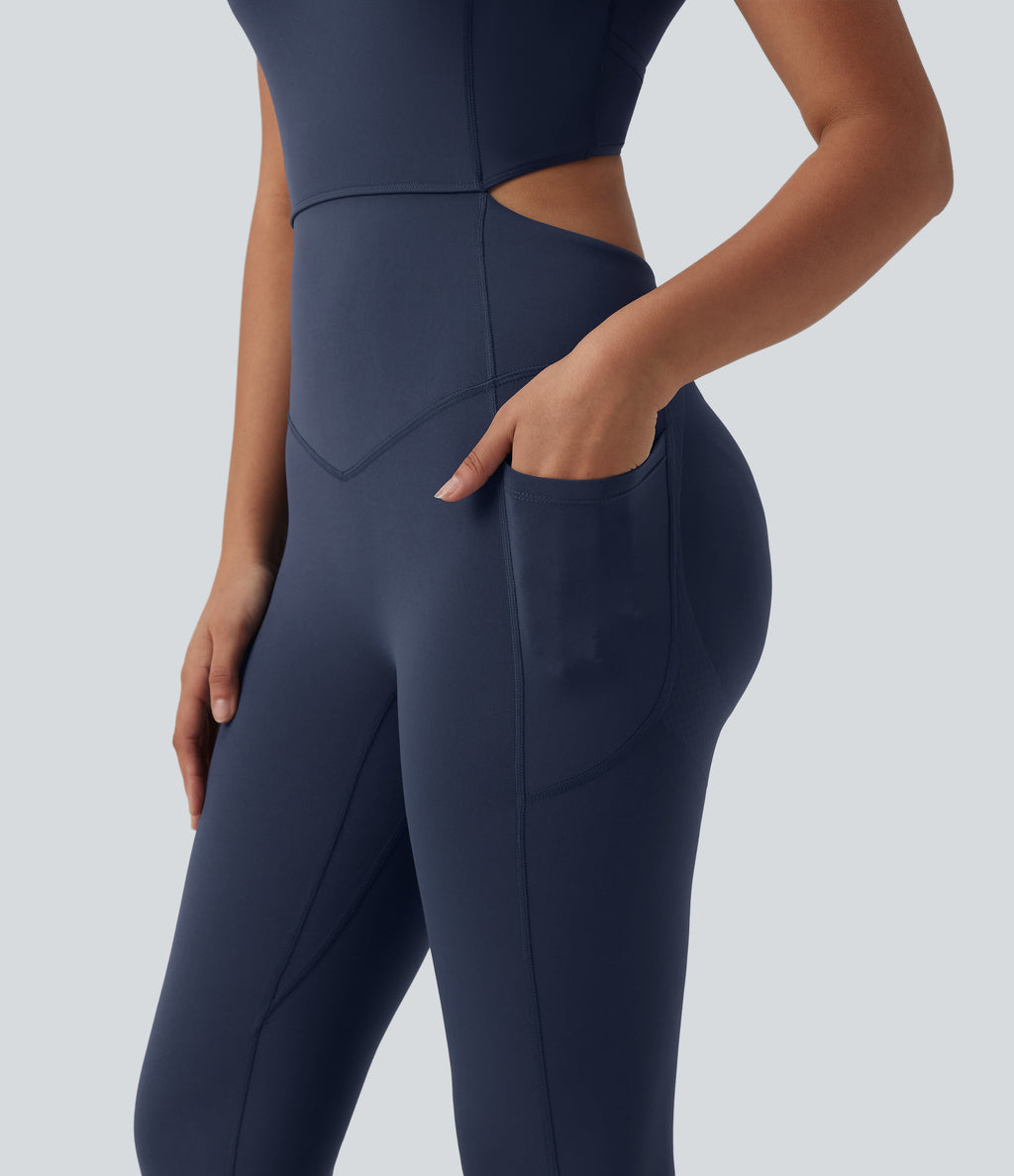 V Neck Tummy Control Butt Lifting Workout Jumpsuit with Pockets-Edition — Mood Indigo — view 8