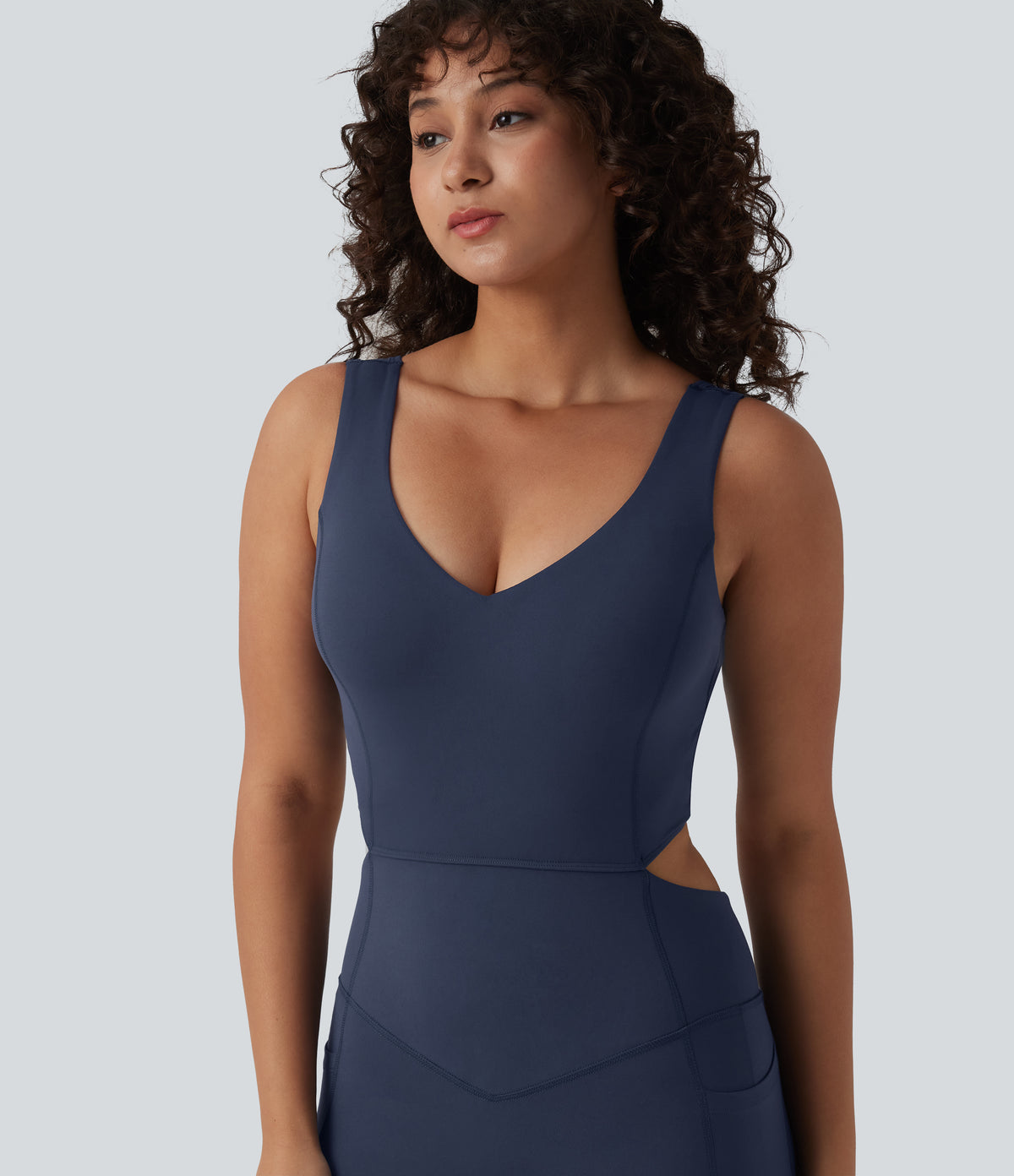 V Neck Tummy Control Butt Lifting Workout Jumpsuit with Pockets-Edition — Mood Indigo — view 5