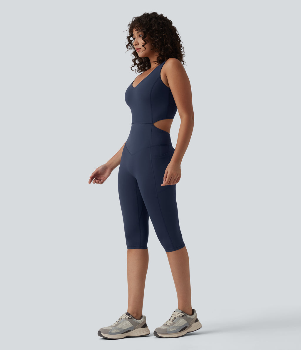 V Neck Tummy Control Butt Lifting Workout Jumpsuit with Pockets-Edition — Mood Indigo — view 3