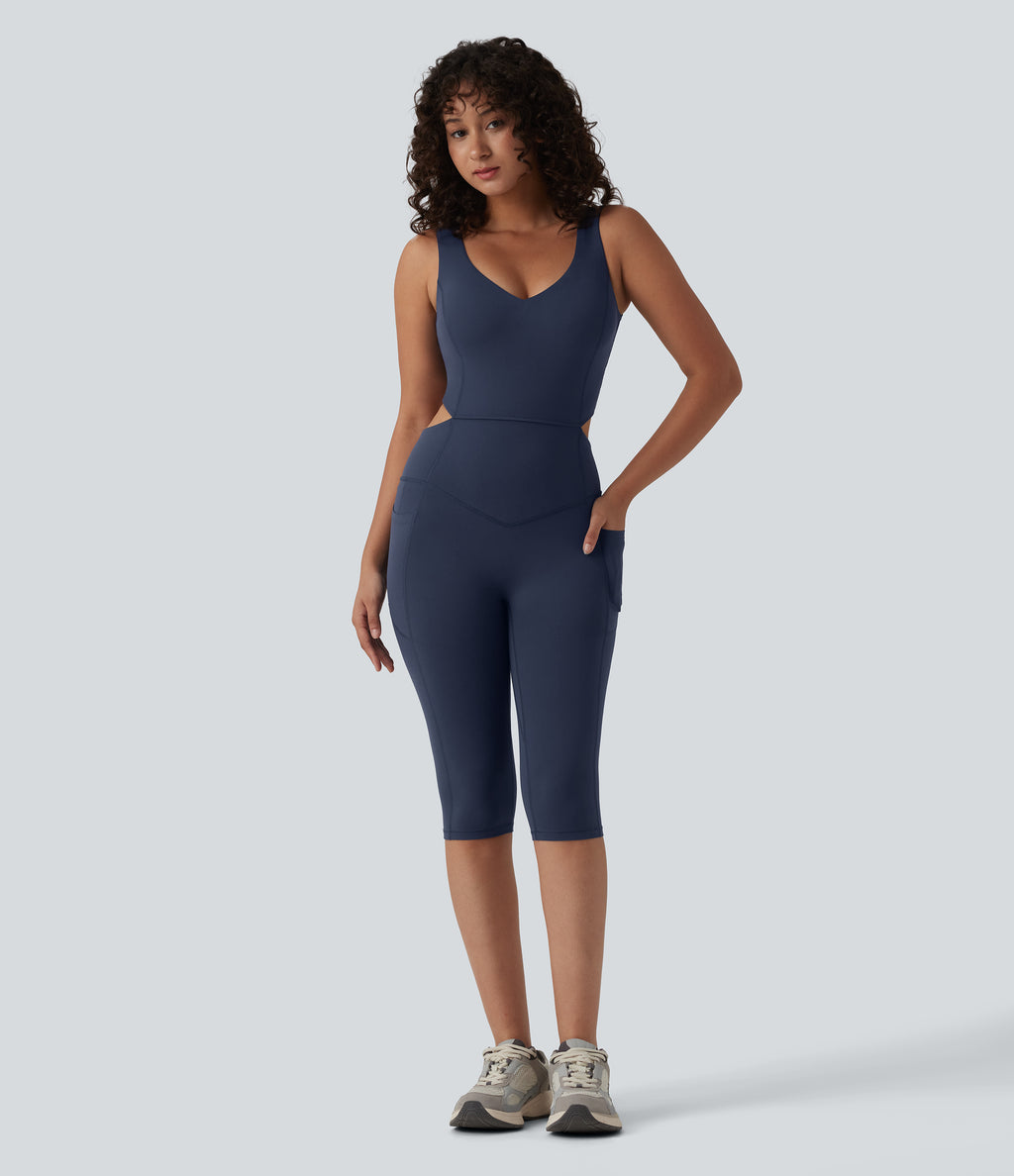 V Neck Tummy Control Butt Lifting Workout Jumpsuit with Pockets-Edition — Mood Indigo — view 2
