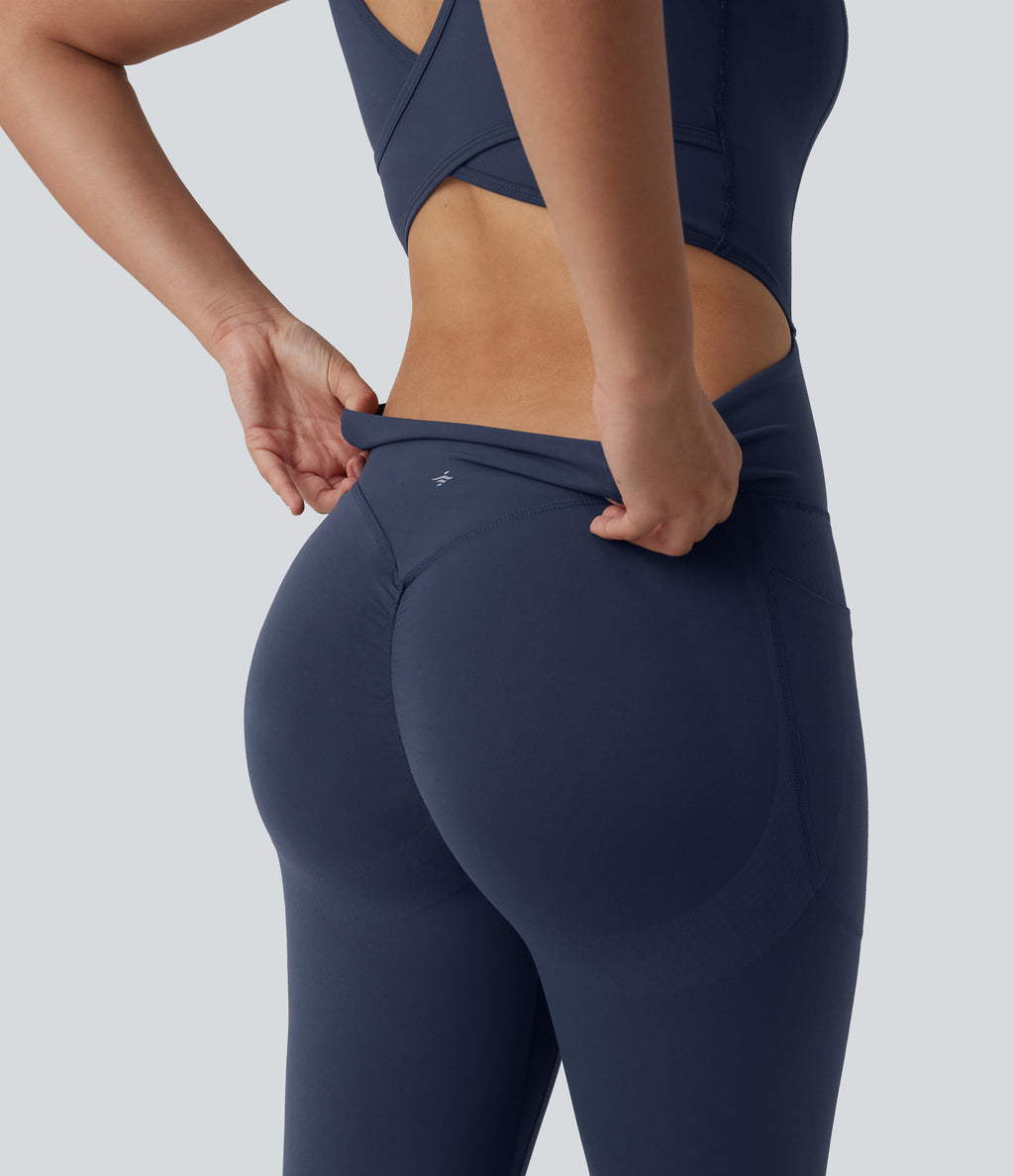 V Neck Tummy Control Butt Lifting Workout Jumpsuit with Pockets-Edition — Mood Indigo — view 6