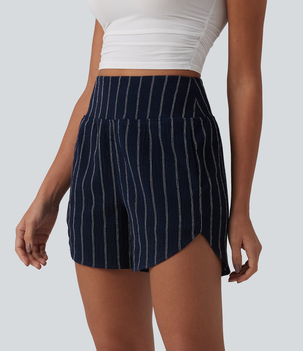 High Waisted Curved Hem Stripe Casual Shorts with Pockets — Navy Dual Stripe — view 5