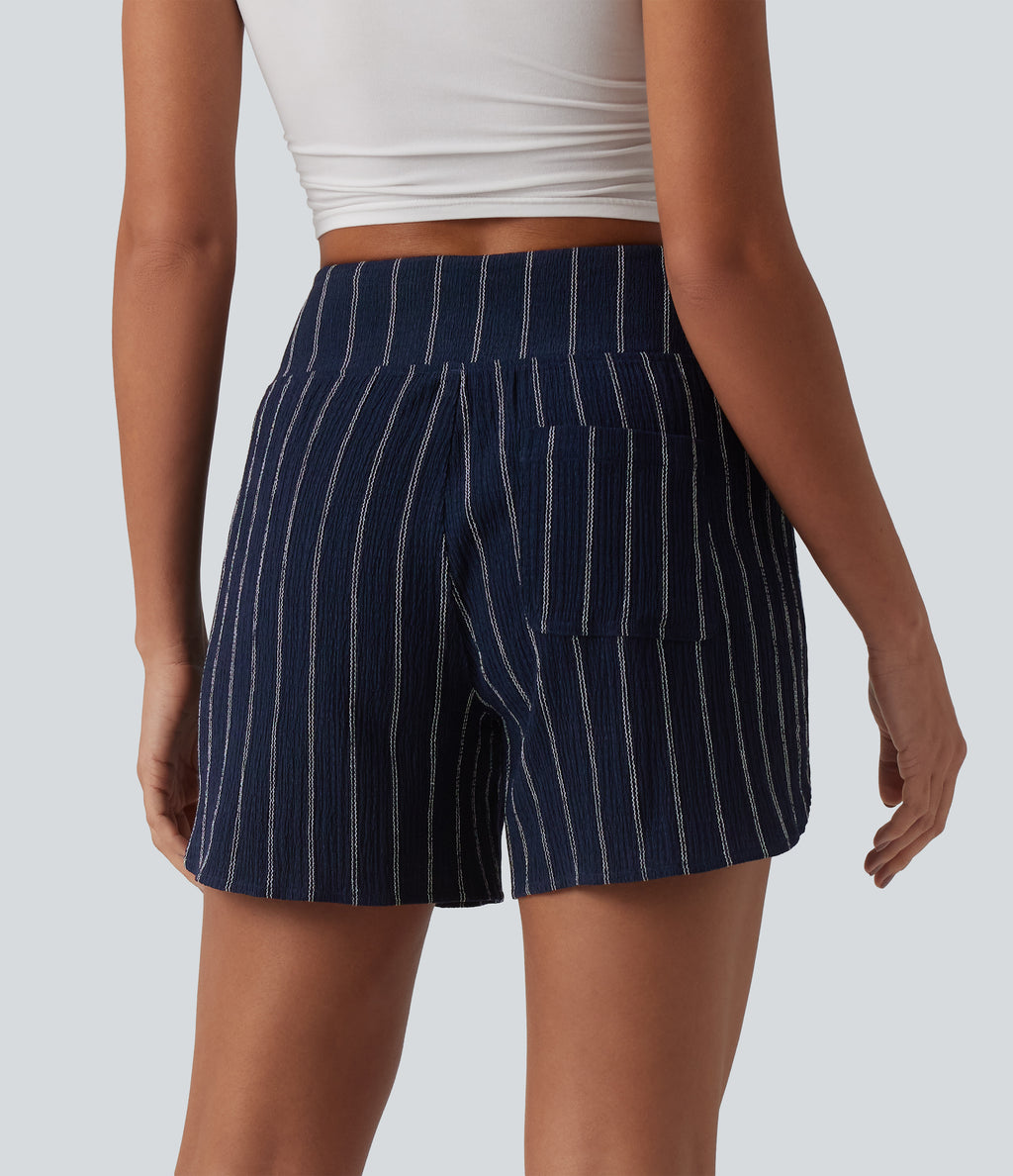 High Waisted Curved Hem Stripe Casual Shorts with Pockets — Navy Dual Stripe — view 2