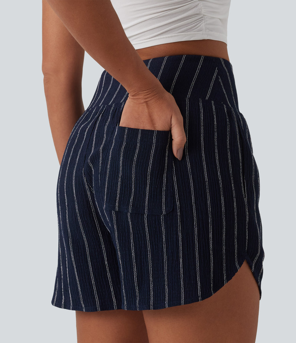 High Waisted Curved Hem Stripe Casual Shorts with Pockets — Navy Dual Stripe — view 4