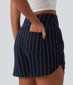 High Waisted Curved Hem Stripe Casual Shorts with Pockets — Navy Dual Stripe — view 4