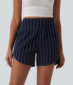 High Waisted Curved Hem Stripe Casual Shorts with Pockets — Navy Dual Stripe — view 3