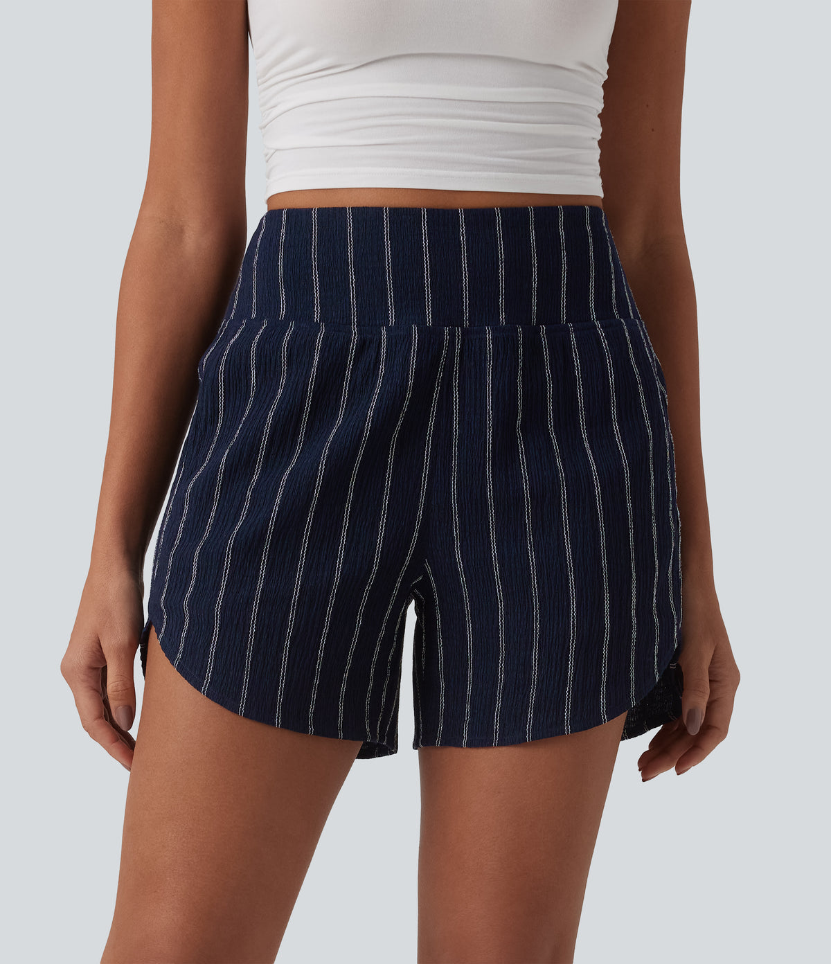 High Waisted Curved Hem Stripe Casual Shorts with Pockets — Navy Dual Stripe — view 3