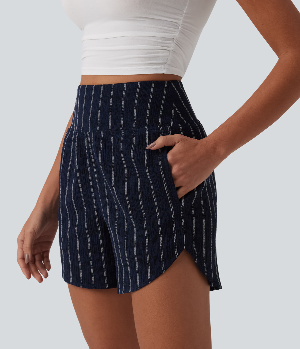 High Waisted Curved Hem Stripe Casual Shorts with Pockets — Navy Dual Stripe — view 1