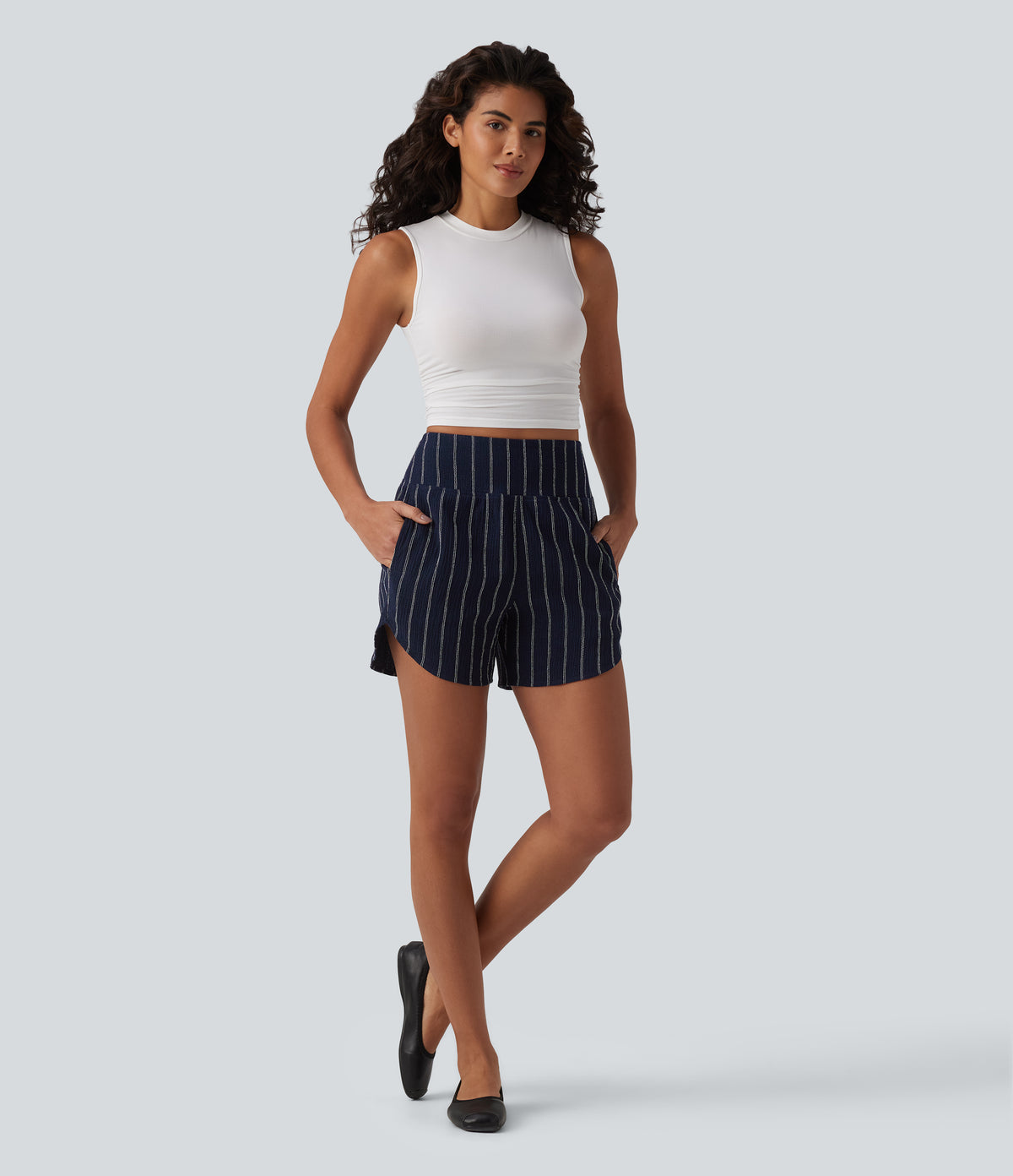 High Waisted Curved Hem Stripe Casual Shorts with Pockets — Navy Dual Stripe — view 6
