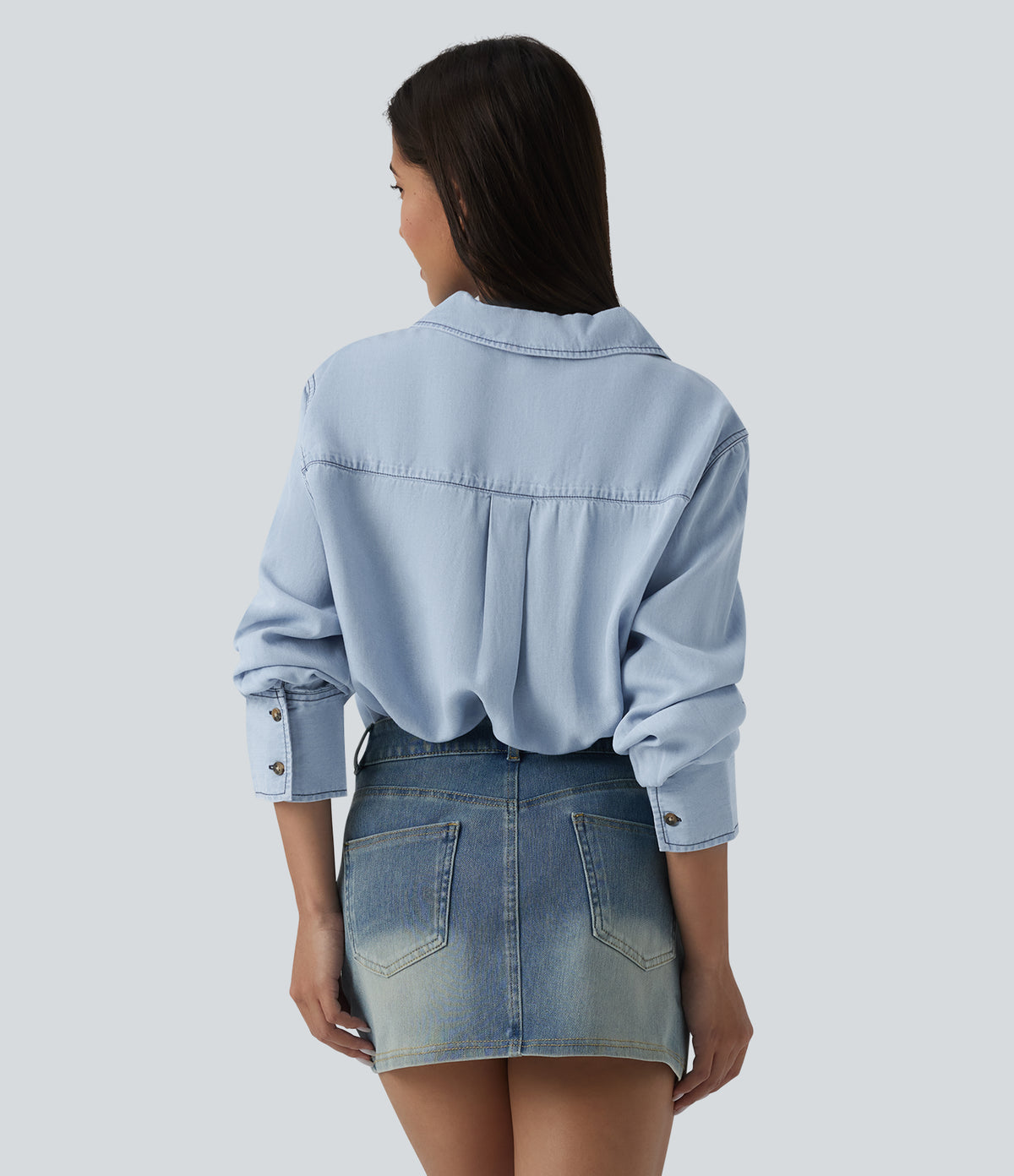 V Neck Long Sleeve Denim Casual Blouse — Baltic Sea Blue Denim — view 2