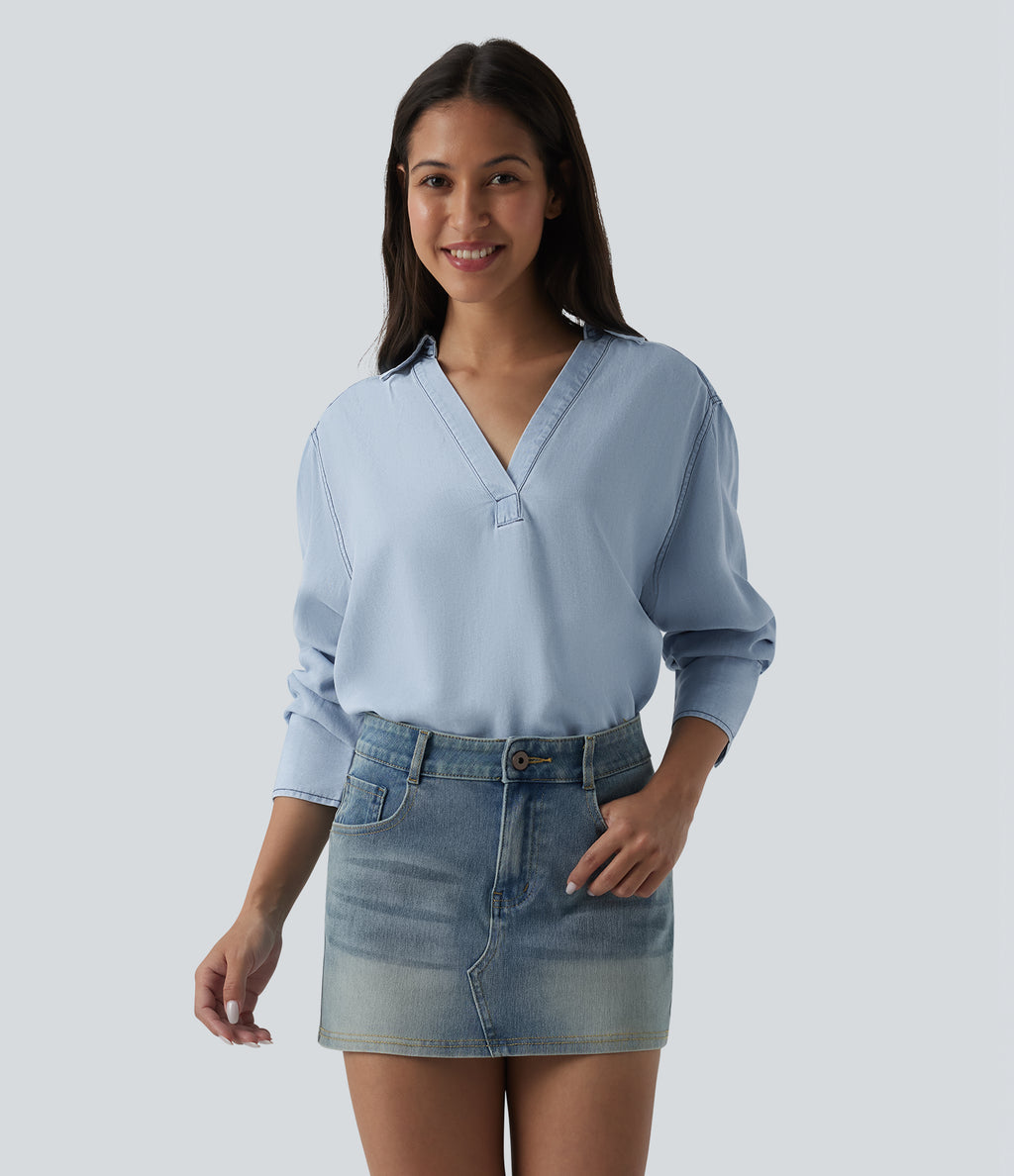 V Neck Long Sleeve Denim Casual Blouse — Baltic Sea Blue Denim — view 1