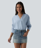 V Neck Long Sleeve Denim Casual Blouse — Baltic Sea Blue Denim — view 1