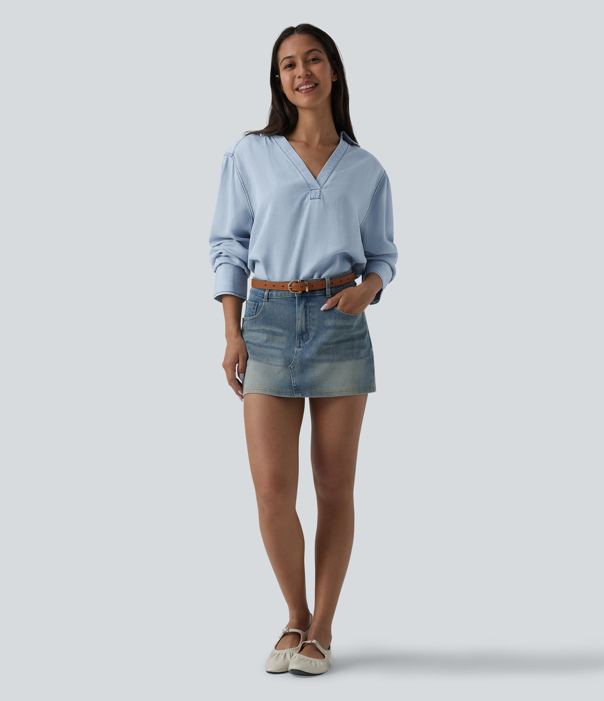 V Neck Long Sleeve Denim Casual Blouse — Baltic Sea Blue Denim — view 7