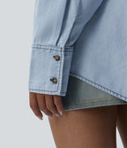 V Neck Long Sleeve Denim Casual Blouse — Baltic Sea Blue Denim — view 6