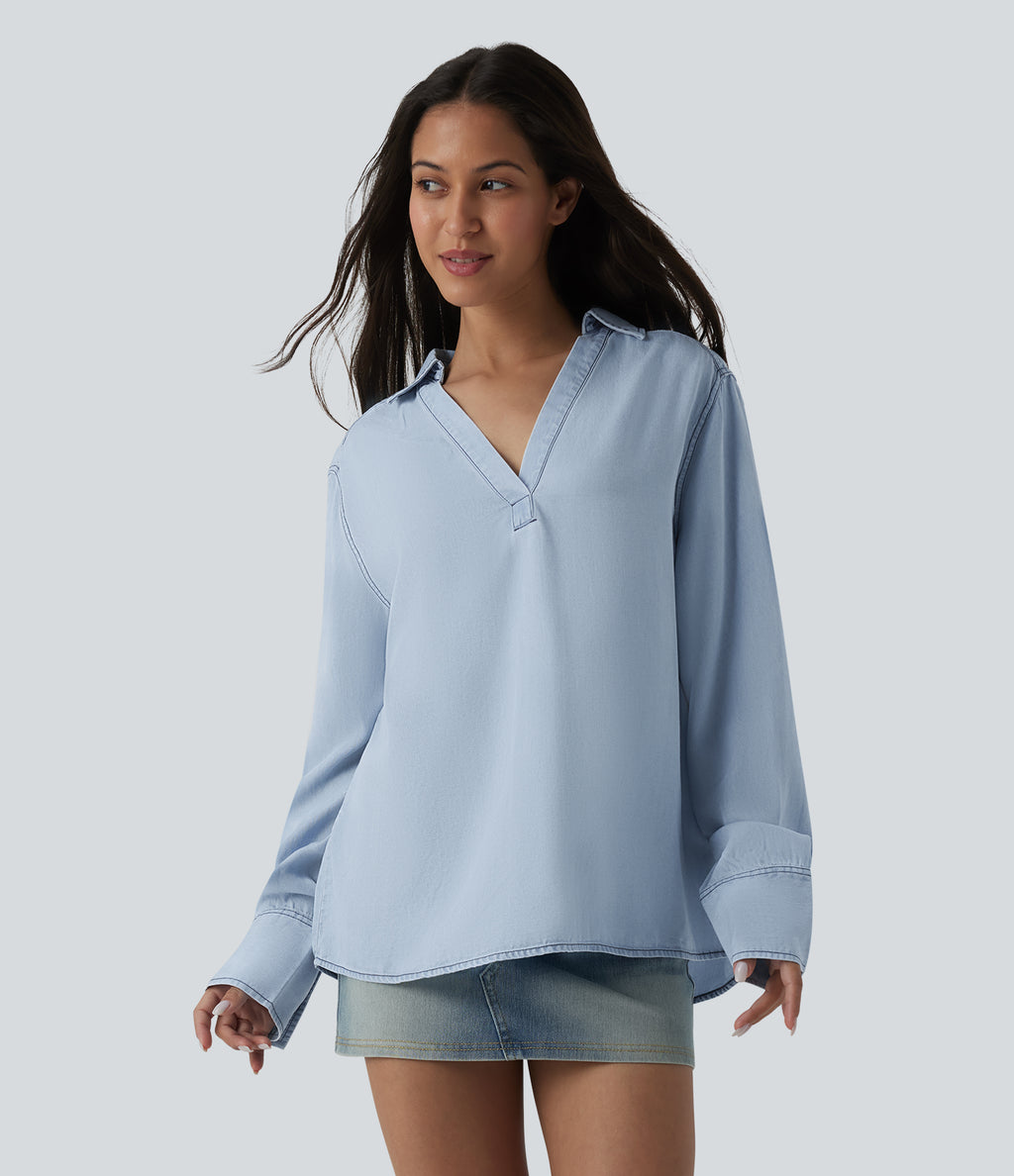 V Neck Long Sleeve Denim Casual Blouse — Baltic Sea Blue Denim — view 5