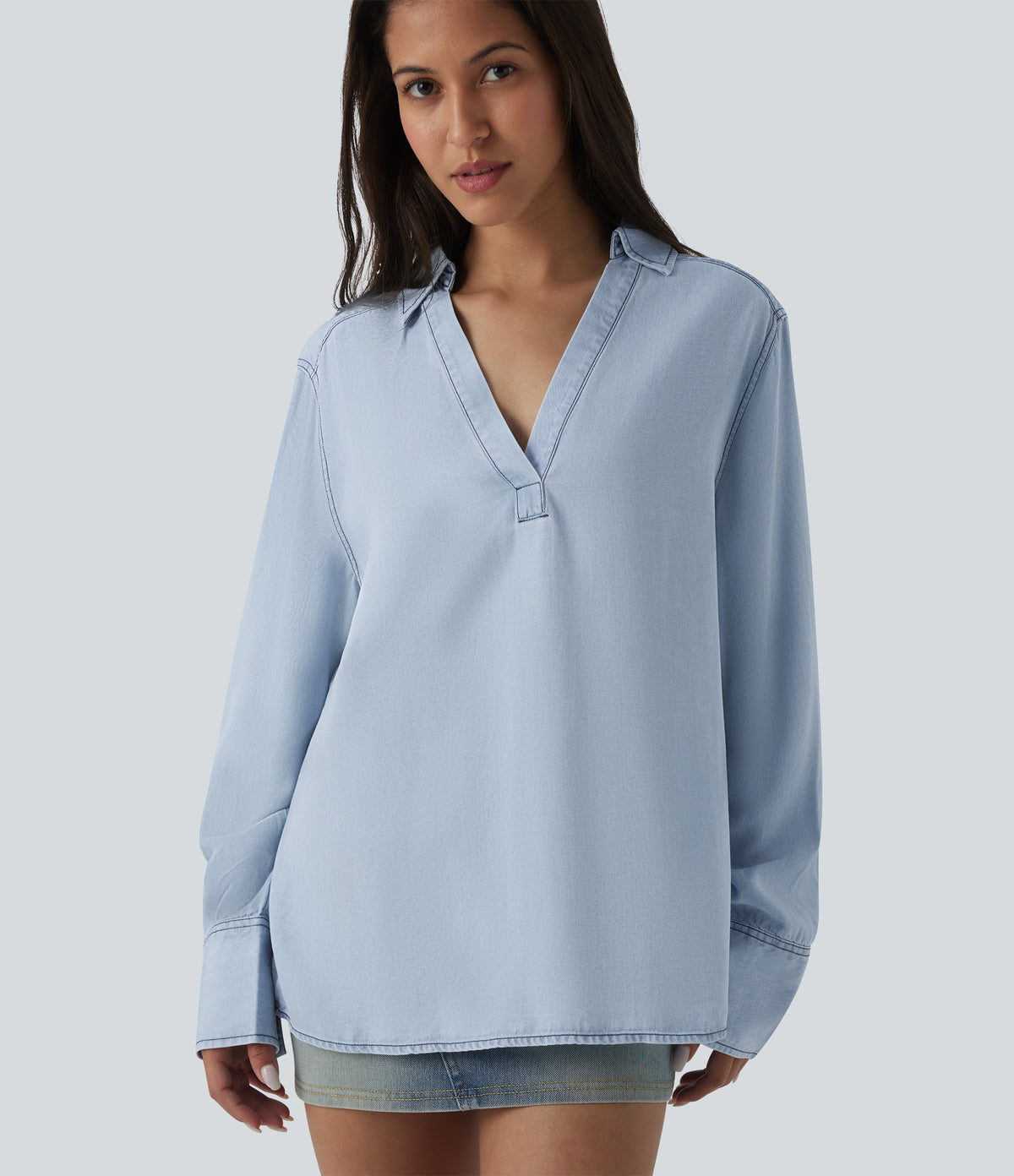 V Neck Long Sleeve Denim Casual Blouse — Baltic Sea Blue Denim — view 4