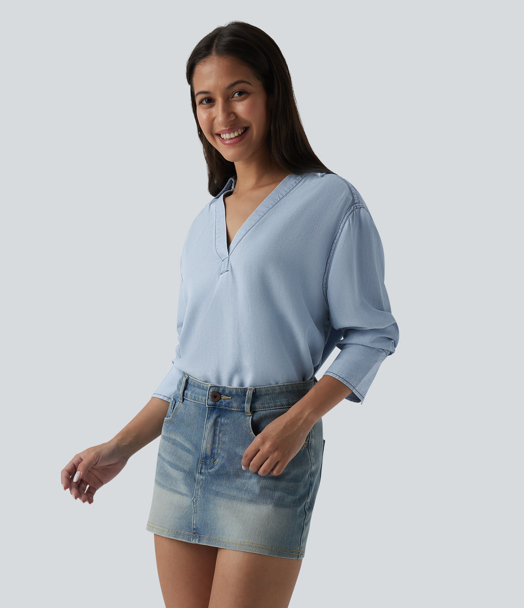 V Neck Long Sleeve Denim Casual Blouse — Baltic Sea Blue Denim — view 3