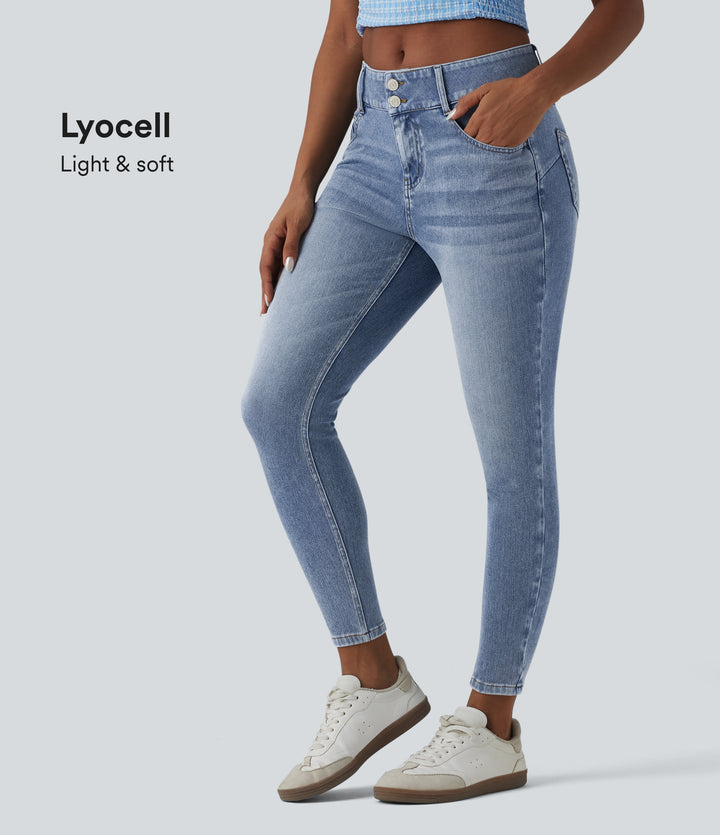 Mid Rise Draped Lyocell Washed Skinny Casual Jeans with Pockets — Blue Jasper Denim — view 1