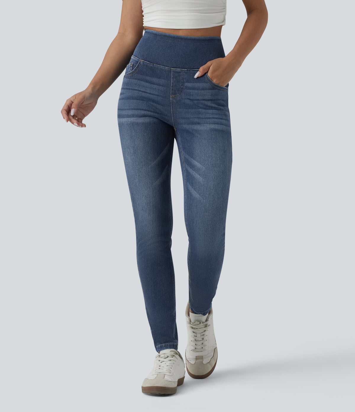 High Waisted Skinny Casual Jeans with Pockets — Pageant Blue Denim — view 2