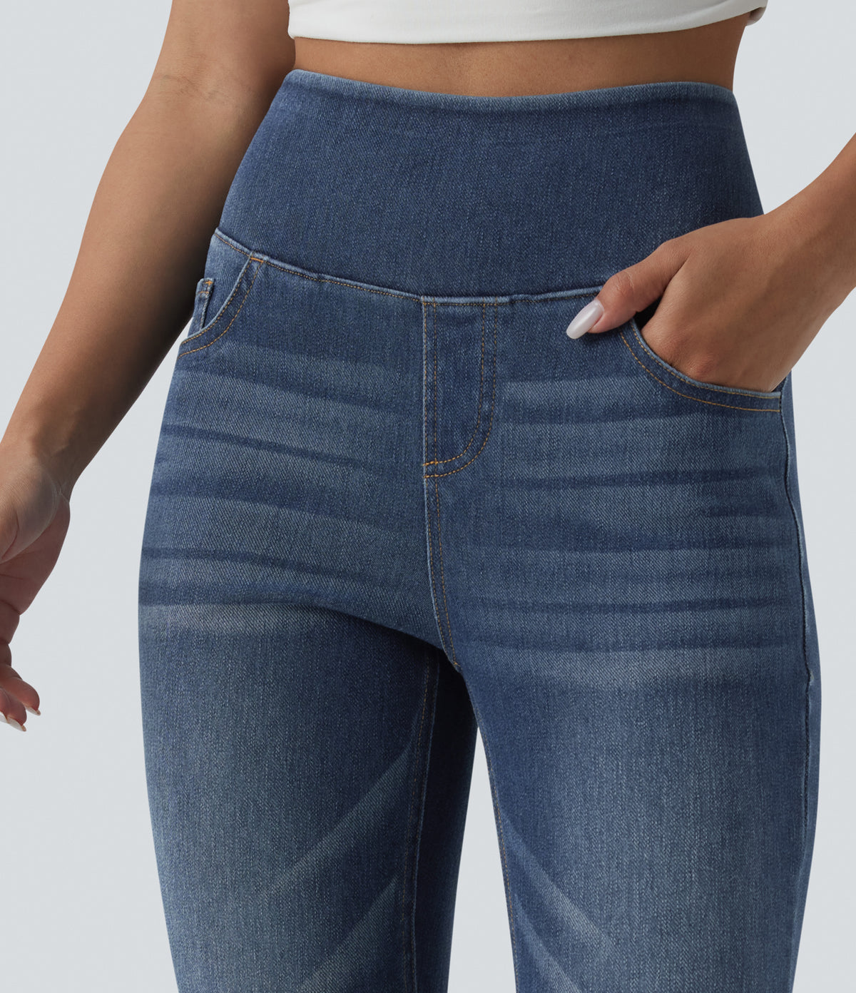 High Waisted Skinny Casual Jeans with Pockets — Pageant Blue Denim — view 5