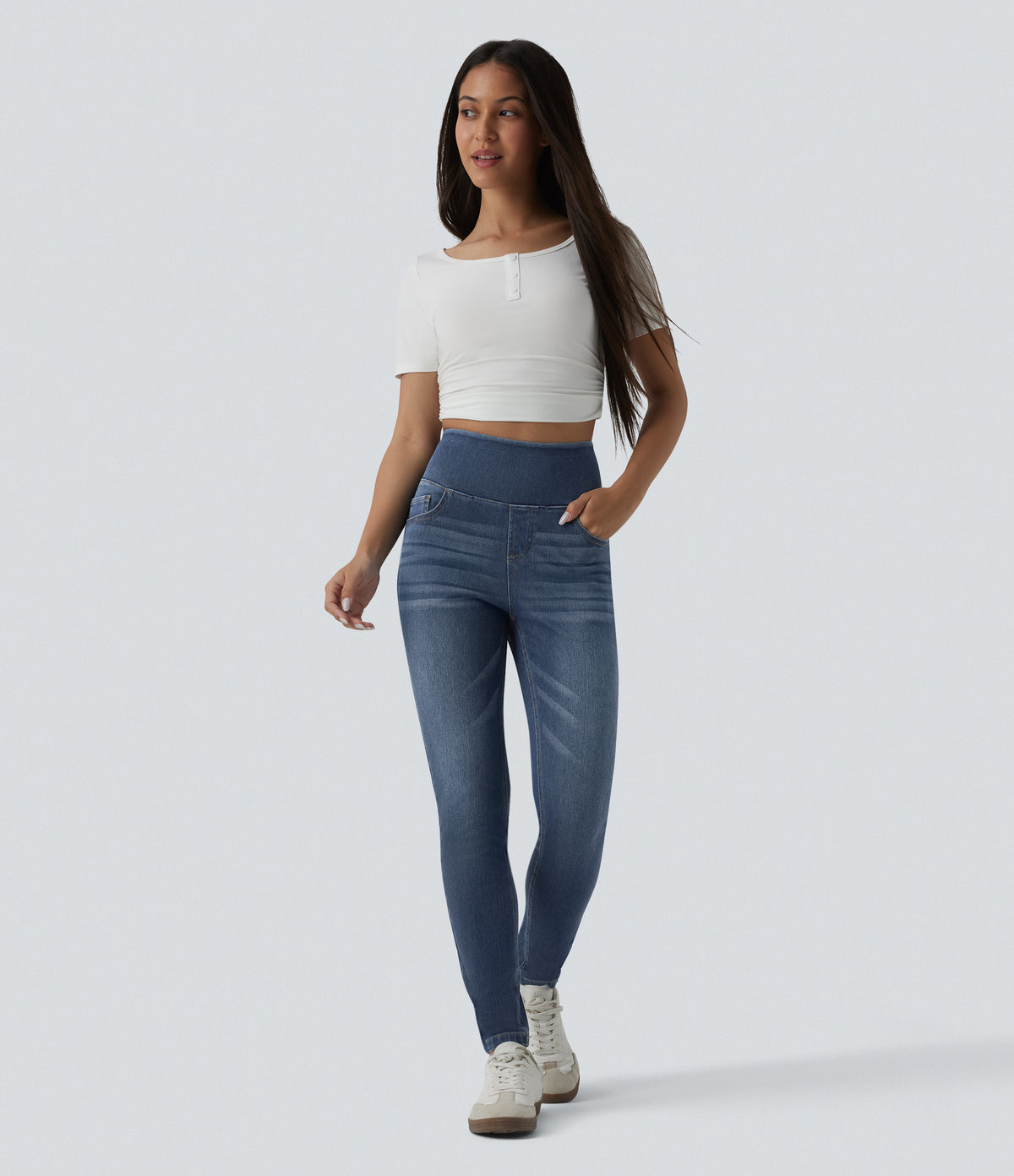 High Waisted Skinny Casual Jeans with Pockets — Pageant Blue Denim — view 6