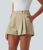 Mid Rise Pleated Stretchy Poplin Casual Shorts 3'' with Pockets — Fields of Rye — view 4