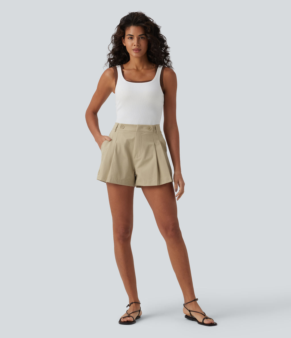 Mid Rise Pleated Stretchy Poplin Casual Shorts 3'' with Pockets — Fields of Rye — view 6